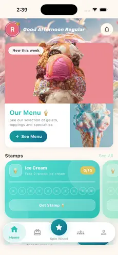The Neve Gelato app home screen showing rewards and the menu